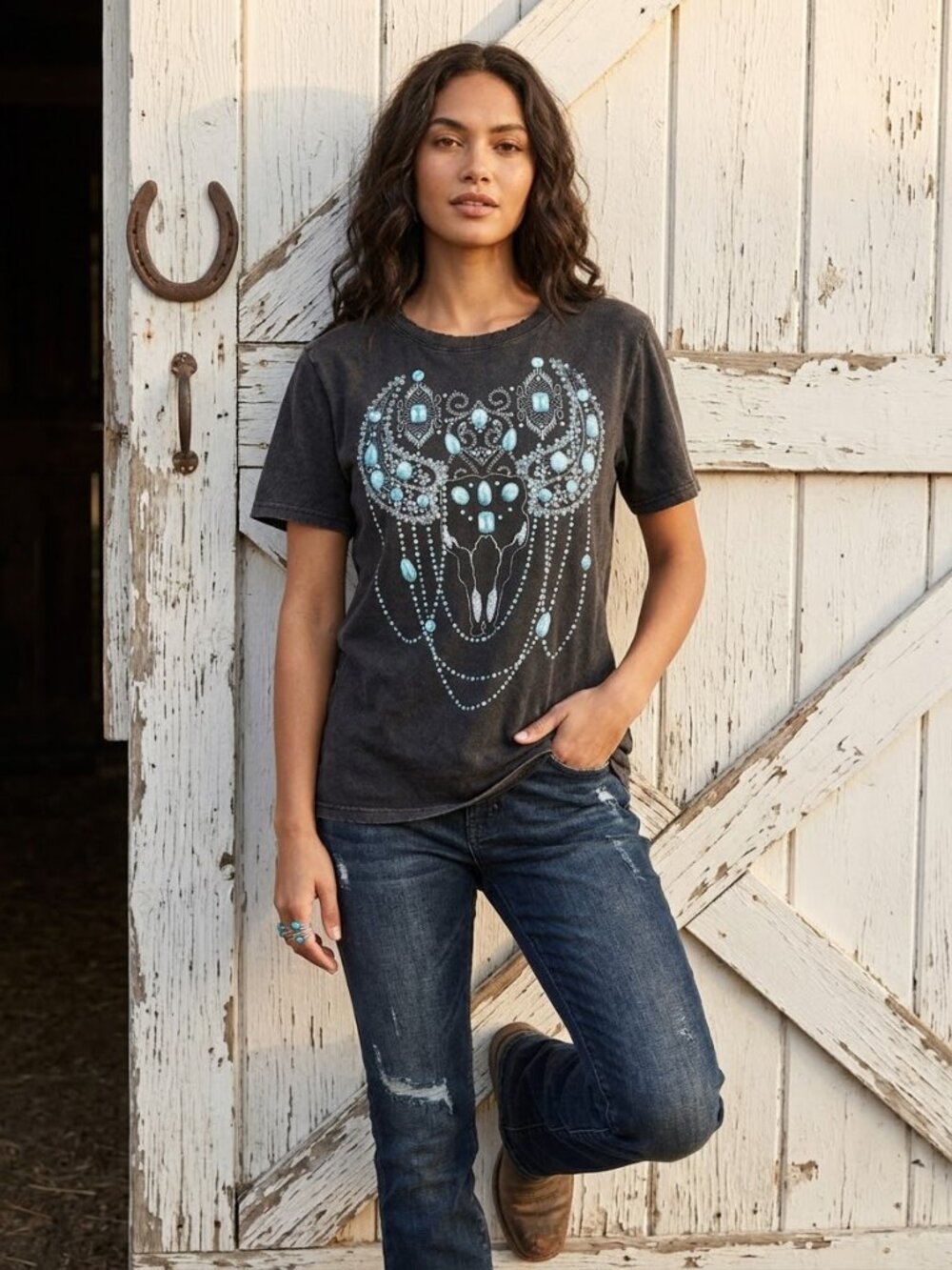 Zutter Women Large Charcoal Gray Turquoise Steer Skull Graphic Tee Boho Western